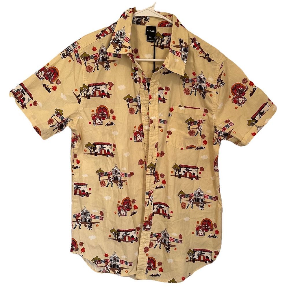 Disney Pixar Coco Men's Short Sleeve Button Up Cabana Beach Tan Medium Shirt‎